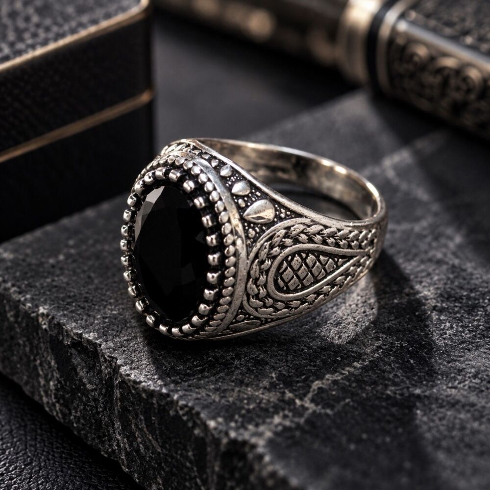 Silver Tone Black Oval Stone Statement Ring Ornate Gothic Boho Vintage Style 9.5
